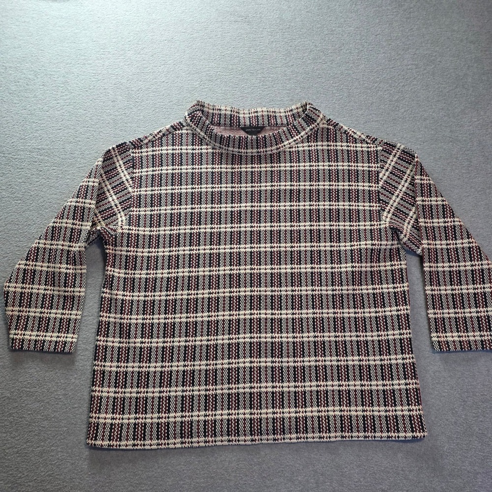 Ann Taylor Knit Top 3/4 Sleeve Womens XL Plaid Red NavyWhite Check Japan Classic